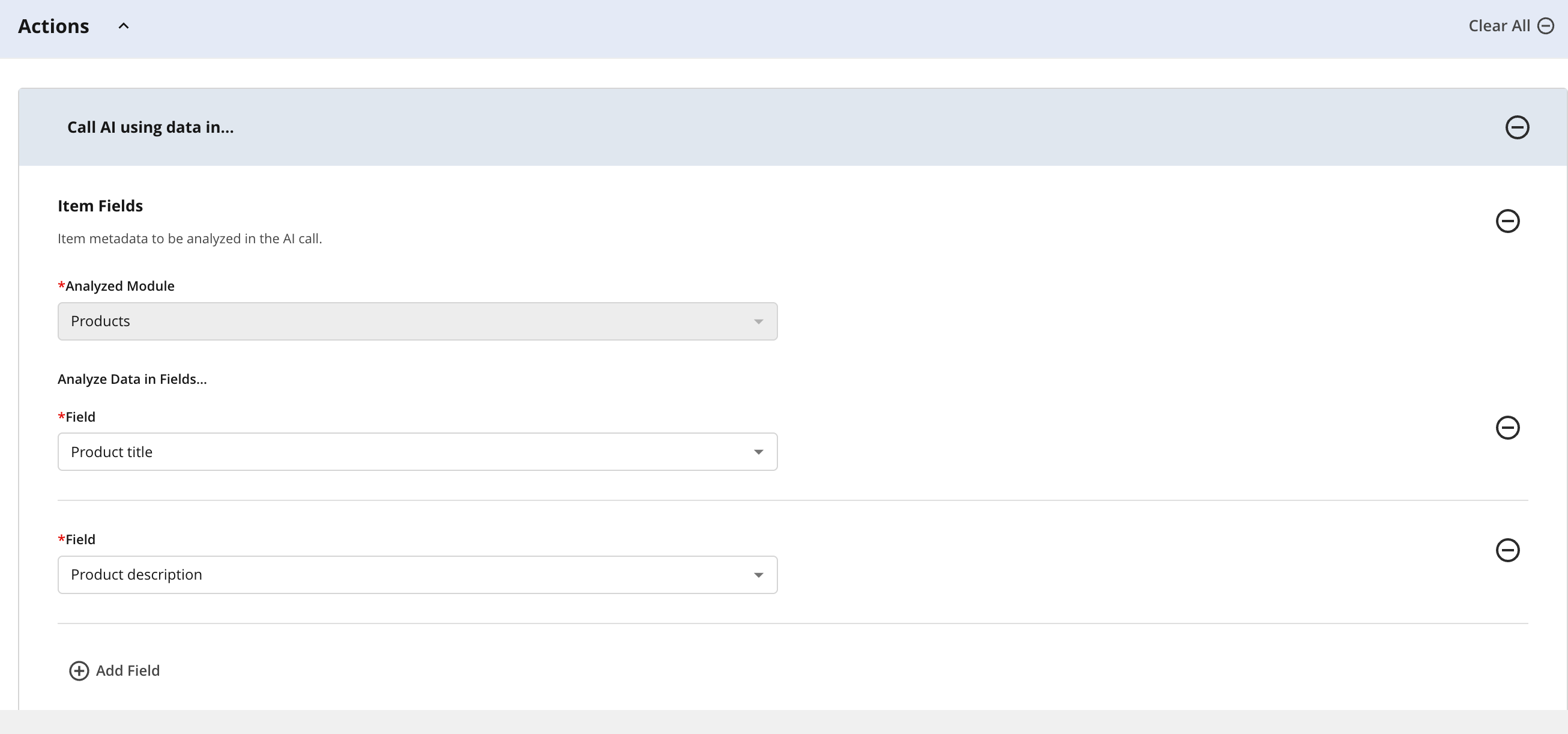Interface for calling AI with product title and description fields highlighted.